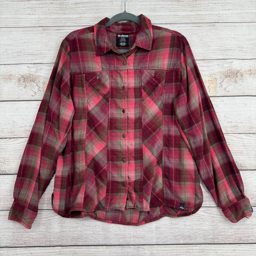 Sherpa Adventure Gear Plaid Button Down Shirt Womens XL Red Wool Tencel
